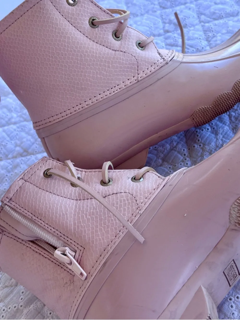 Sperry Duck Boots Girls Size 3 Pink Khaki Waterproof Lace Up Rain Boots